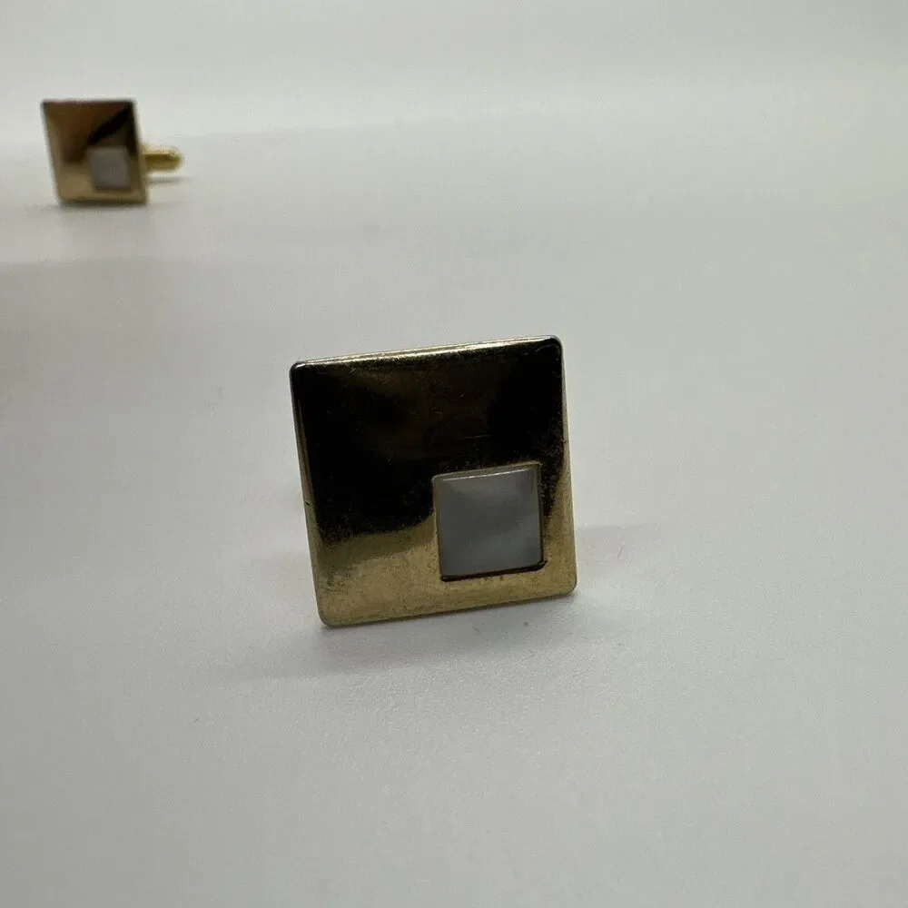 Vintage Gold Cufflinks With Matching Tie Clip White gem Antique Set